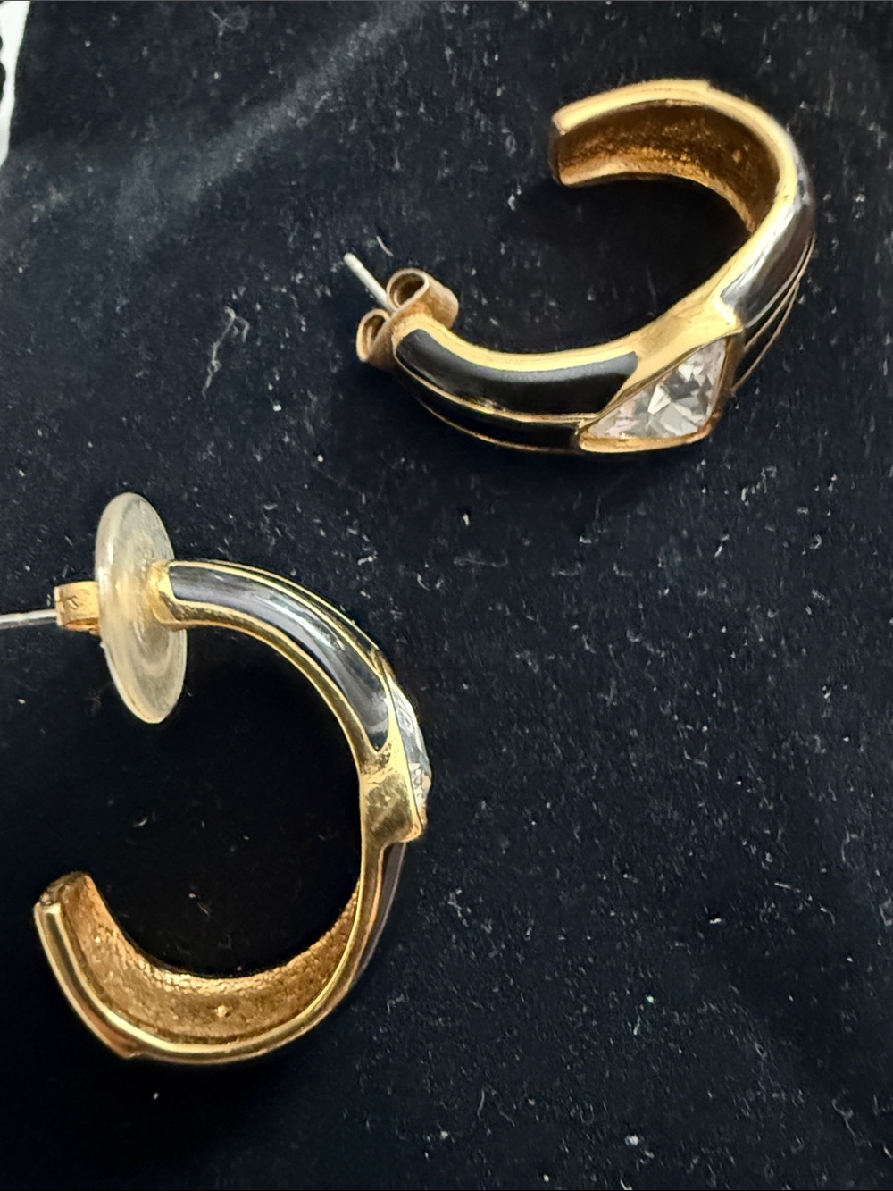 Gold-Tone Vintage Black Enamel Hoop Pierced Earrings with Clear Crystal Accent